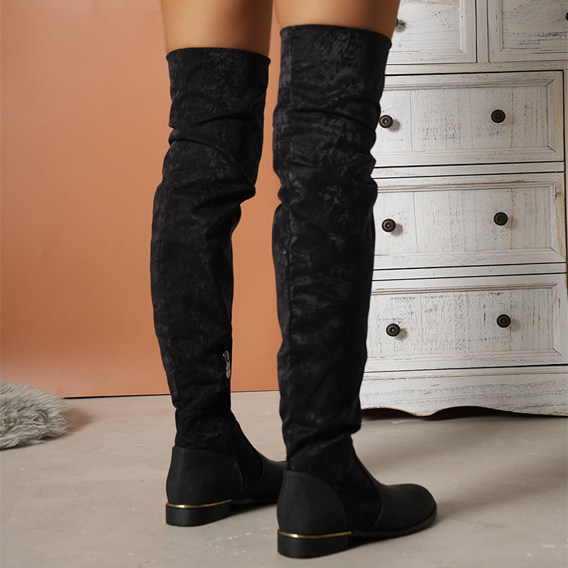 Fashion Over-the-knee Boots For Women Suede Stitching Low-heeled Long Boots With Side Zipper Design