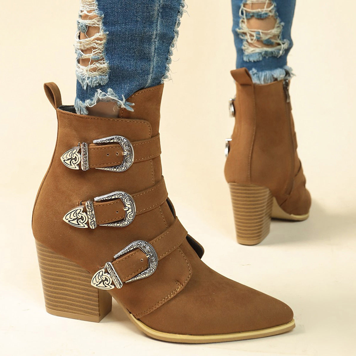 Women’s Chunky Heel Pointed Toe Boots With Belt Buckle Design