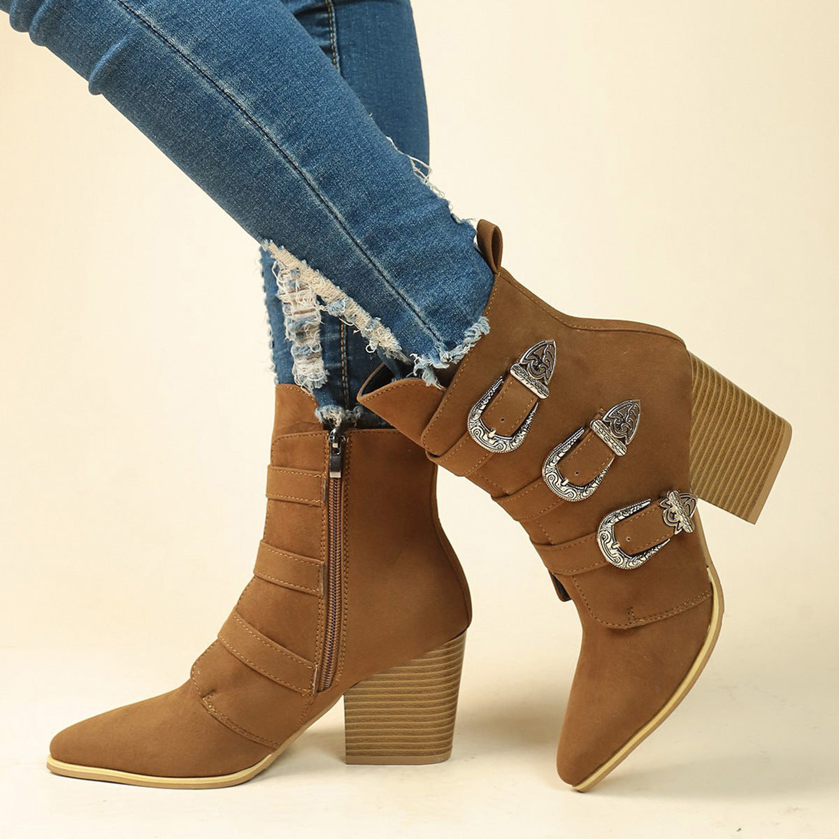 Women’s Chunky Heel Pointed Toe Boots With Belt Buckle Design