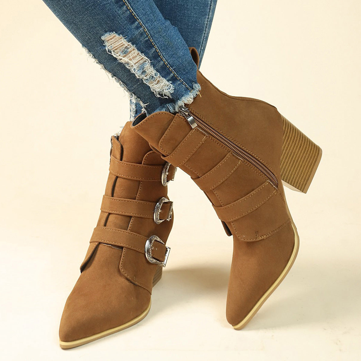 Women’s Chunky Heel Pointed Toe Boots With Belt Buckle Design