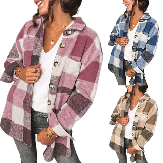 Women's Casual Flannel Plaid Buttoned Shirt