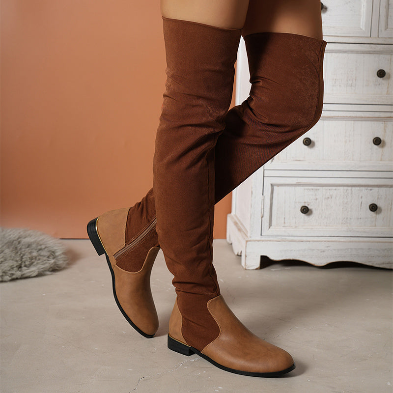 Fashion Over-the-knee Boots For Women Suede Stitching Low-heeled Long Boots With Side Zipper Design