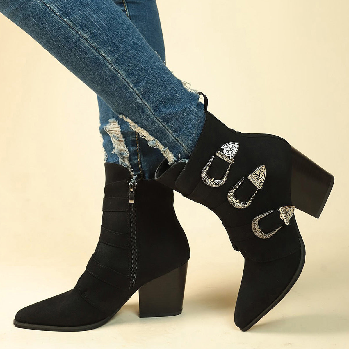 Women’s Chunky Heel Pointed Toe Boots With Belt Buckle Design