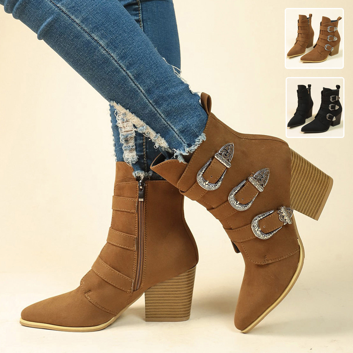 Women’s Chunky Heel Pointed Toe Boots With Belt Buckle Design