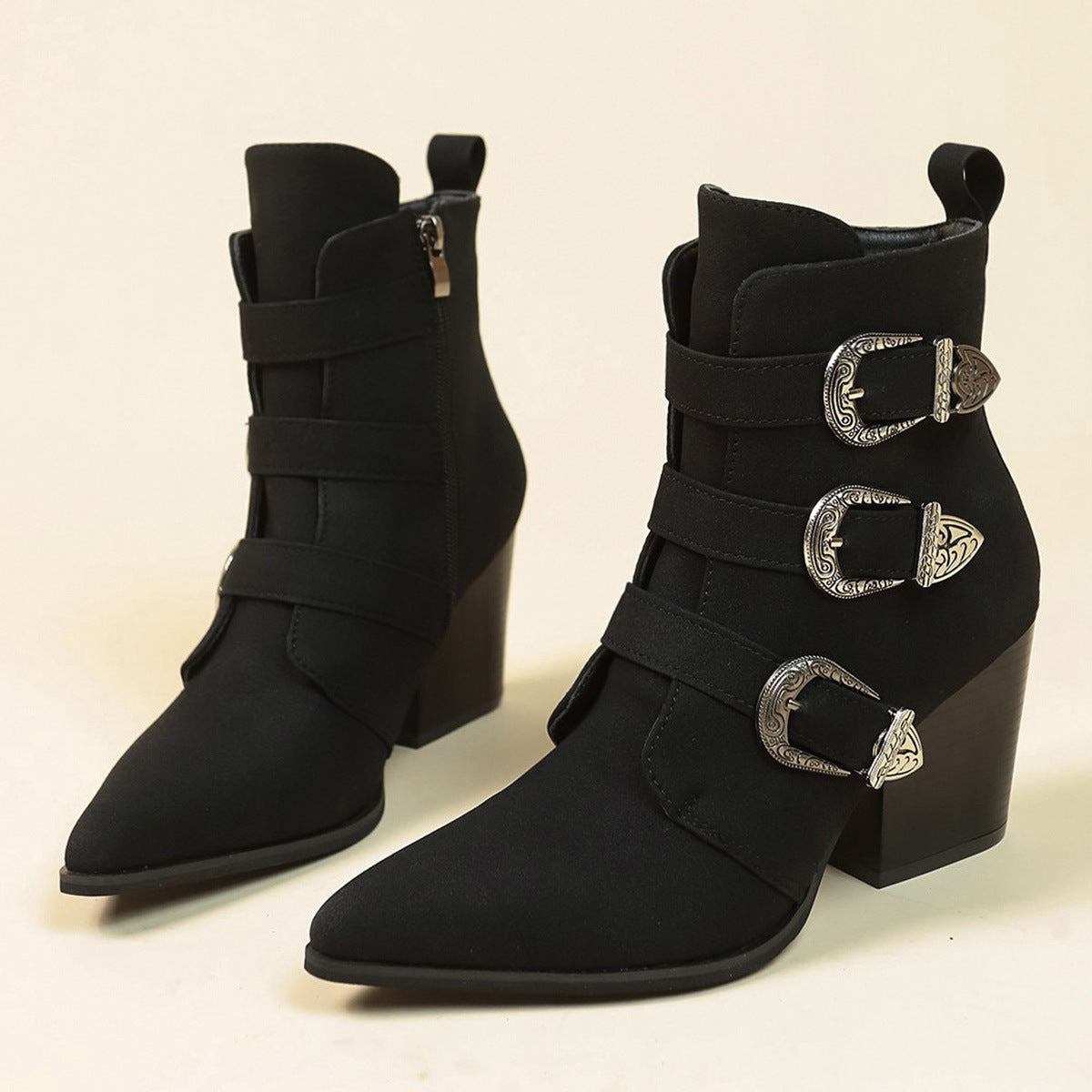 Women’s Chunky Heel Pointed Toe Boots With Belt Buckle Design