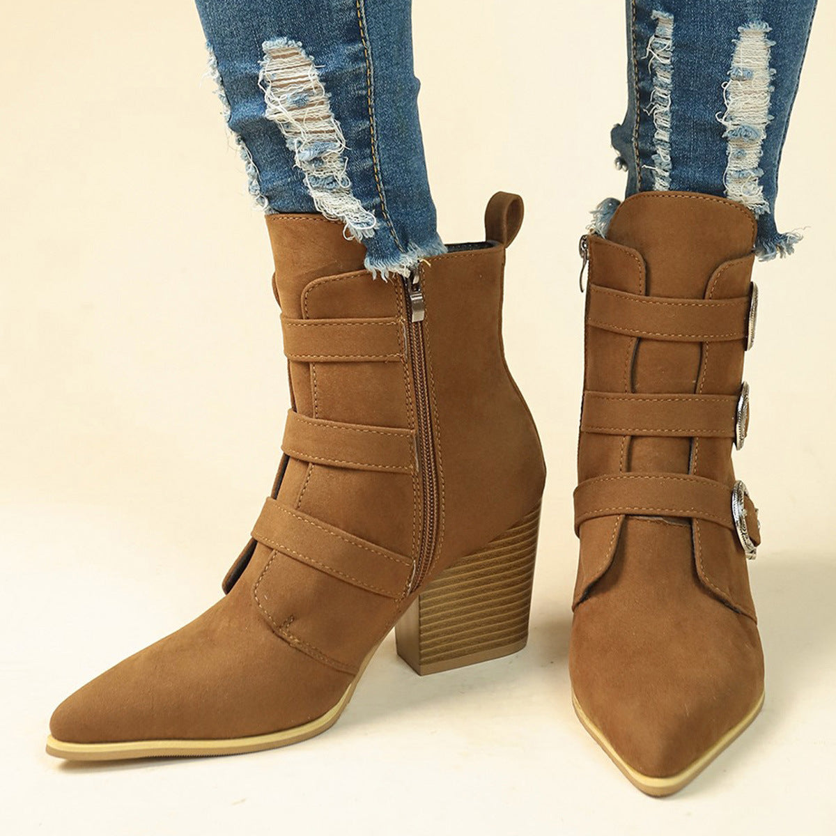 Women’s Chunky Heel Pointed Toe Boots With Belt Buckle Design