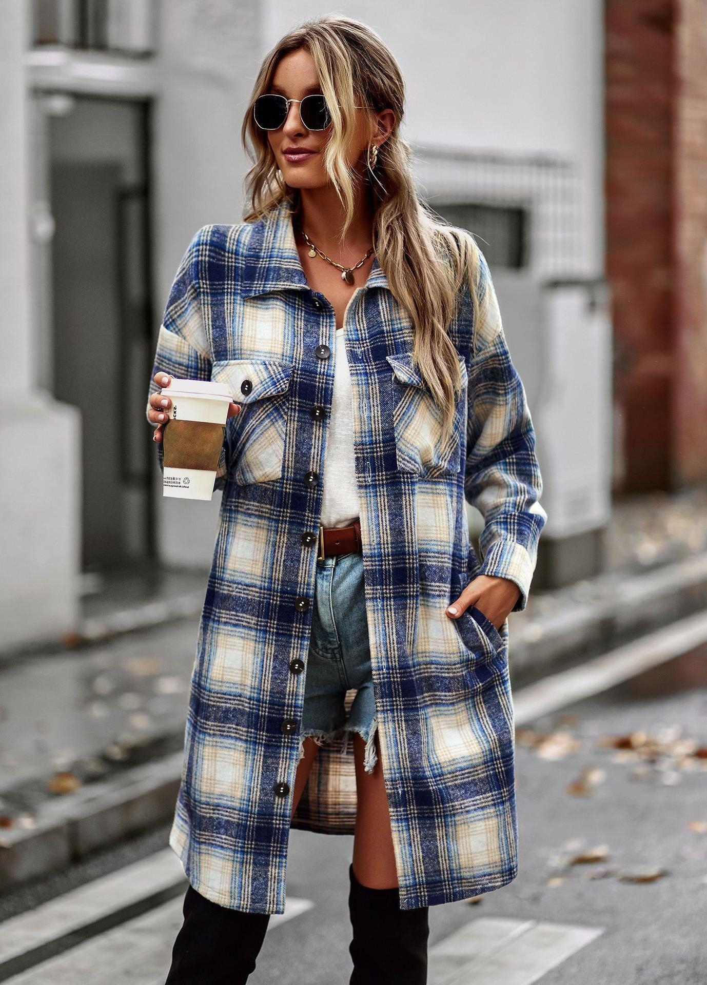 Temperament Leisure Long Plaid Tup Cardigan Coat