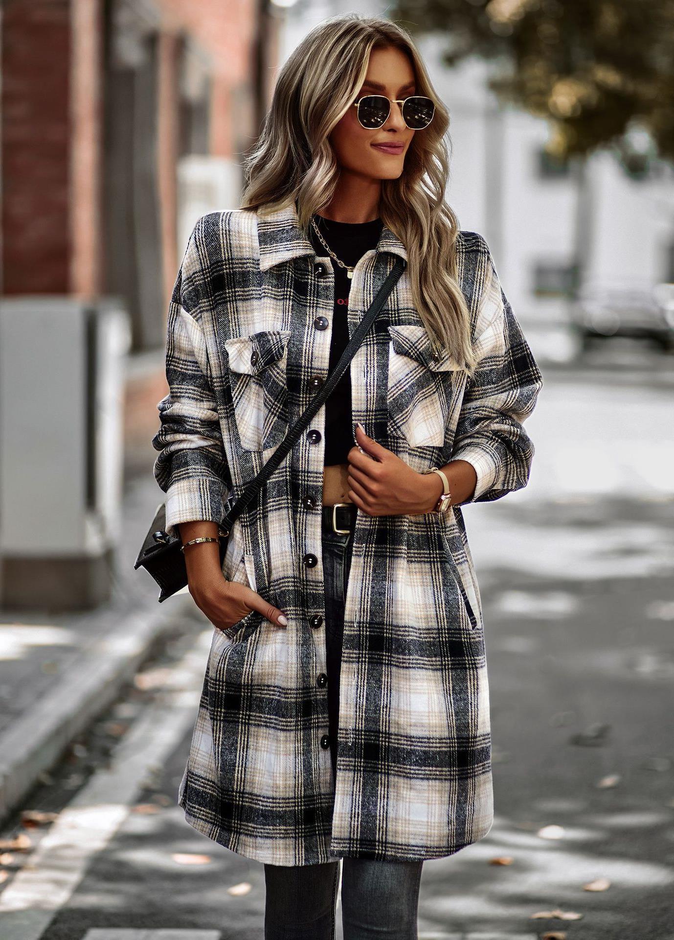 Temperament Leisure Long Plaid Tup Cardigan Coat