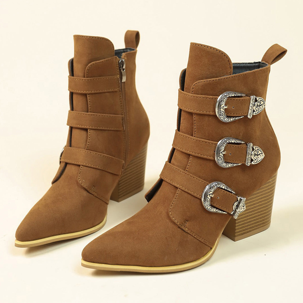 Women’s Chunky Heel Pointed Toe Boots With Belt Buckle Design