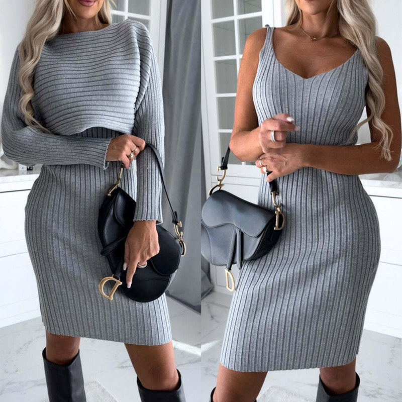 2-Piece Women's Dress with Long-sleeved Cover Sweater