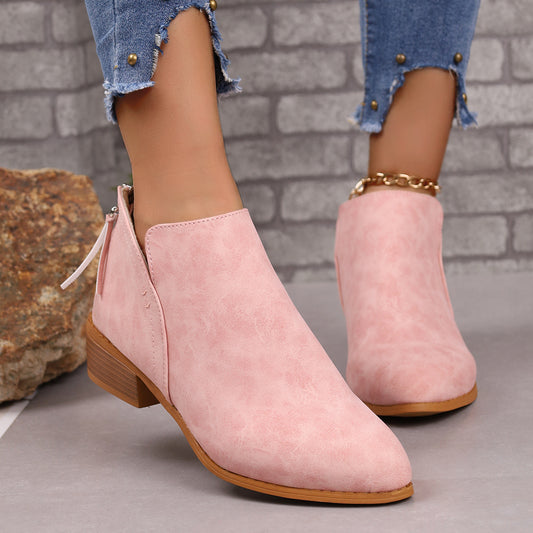 Women's Chunky Heel Pointed Toe Ankle Boots With V-cut Design